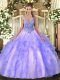 Glittering Straps Sleeveless Quinceanera Dresses Floor Length Beading and Ruffles Lavender Tulle