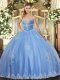 Floor Length Blue Quinceanera Gowns Tulle Sleeveless Beading and Appliques