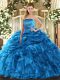 Modest Sleeveless Floor Length Ruffles and Pick Ups Lace Up Sweet 16 Quinceanera Dress with Blue