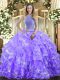 Sleeveless Organza Floor Length Lace Up Quinceanera Gown in Lavender with Beading and Ruffled Layers