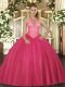 Sleeveless Floor Length Beading Lace Up Quinceanera Dresses with Hot Pink