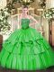 Floor Length Lace Up Quinceanera Dresses Green for Military Ball and Sweet 16 and Quinceanera with Beading and Ruffled Layers