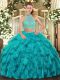 Adorable Halter Top Sleeveless Criss Cross Sweet 16 Quinceanera Dress Turquoise Organza