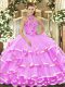 Glittering Lilac Lace Up Halter Top Beading and Embroidery Sweet 16 Quinceanera Dress Organza Sleeveless