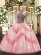 Glittering Pink Tulle Lace Up Sweet 16 Dresses Sleeveless Floor Length Beading and Appliques