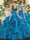 Vintage Floor Length Lace Up 15 Quinceanera Dress Teal for Military Ball and Sweet 16 and Quinceanera with Ruffles