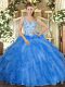 Designer Blue Sleeveless Floor Length Beading and Ruffles Lace Up Vestidos de Quinceanera
