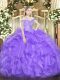 Floor Length Lavender Quinceanera Gowns Organza Sleeveless Beading and Ruffles