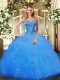 Best Selling Blue Lace Up Sweetheart Beading and Ruffles 15th Birthday Dress Organza Sleeveless