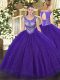 Tulle and Sequined Sleeveless Floor Length Ball Gown Prom Dress and Beading