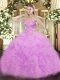 Lilac Organza Lace Up Vestidos de Quinceanera Sleeveless Floor Length Lace and Ruffles and Pick Ups