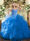 Blue Sleeveless Floor Length Embroidery and Ruffles Lace Up Sweet 16 Dress