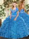 Baby Blue Sweetheart Neckline Beading and Ruffles Quince Ball Gowns Sleeveless Lace Up