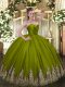 Sleeveless Tulle Floor Length Zipper Quince Ball Gowns in Olive Green with Appliques
