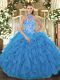 Pretty Baby Blue Ball Gowns Beading and Embroidery and Ruffles Sweet 16 Dresses Lace Up Organza Sleeveless Floor Length