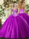 Sleeveless Floor Length Beading Lace Up Quince Ball Gowns with Purple