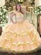 Clearance Sleeveless Organza Floor Length Zipper Ball Gown Prom Dress in Peach with Beading and Ruffled Layers