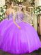 Great Lavender Sleeveless Floor Length Beading Lace Up Sweet 16 Dresses