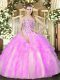 Super Sleeveless Floor Length Beading and Ruffles Lace Up Ball Gown Prom Dress with Lilac