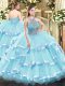 Glorious Sleeveless Floor Length Beading and Ruffled Layers Lace Up Quince Ball Gowns with Aqua Blue