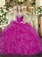 Fuchsia Lace Up Quince Ball Gowns Beading and Ruffles Sleeveless Floor Length