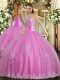 Hot Sale Floor Length Lace Up Quinceanera Gown Rose Pink for Military Ball and Sweet 16 and Quinceanera with Beading and Appliques
