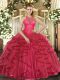 Unique Organza High-neck Sleeveless Lace Up Beading and Ruffles Quinceanera Dresses in Coral Red
