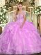 Lilac Lace Up Strapless Appliques and Ruffles Sweet 16 Dresses Organza Sleeveless
