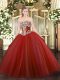 Wine Red Sleeveless Floor Length Beading Lace Up Quinceanera Gowns