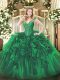 Delicate Green V-neck Lace Up Beading and Ruffles 15th Birthday Dress Sleeveless