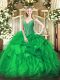 Green V-neck Lace Up Beading and Ruffles 15th Birthday Dress Sleeveless