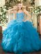Admirable Floor Length Ball Gowns Sleeveless Aqua Blue Quince Ball Gowns Lace Up