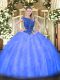Sleeveless Tulle Floor Length Zipper Quinceanera Dress in Blue with Beading and Ruffles