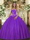 Purple Ball Gowns Tulle Strapless Sleeveless Beading Floor Length Lace Up Ball Gown Prom Dress