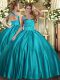 Delicate Teal Satin Lace Up 15 Quinceanera Dress Sleeveless Floor Length Ruching
