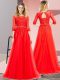 Perfect Tulle Square 3 4 Length Sleeve Lace Up Lace Prom Dresses in Red
