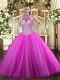 Discount Fuchsia Quinceanera Gown Military Ball and Sweet 16 and Quinceanera with Beading Halter Top Sleeveless Lace Up