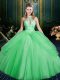 Ball Gowns Quinceanera Gown Green Halter Top Tulle Sleeveless Floor Length Lace Up