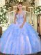 Best Baby Blue Ball Gowns Strapless Sleeveless Tulle Floor Length Lace Up Appliques and Ruffles 15th Birthday Dress