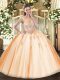 Floor Length Peach Quinceanera Gowns Tulle Sleeveless Beading and Appliques