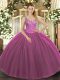 Tulle V-neck Sleeveless Lace Up Beading Vestidos de Quinceanera in Fuchsia