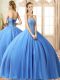 Top Selling Baby Blue Sleeveless Floor Length Beading Lace Up Vestidos de Quinceanera