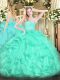 Dramatic Turquoise Ball Gowns Organza Sweetheart Sleeveless Beading and Lace and Ruffles Floor Length Zipper Quinceanera Dresses