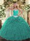 Turquoise Ball Gowns Appliques and Ruffles Quinceanera Dress Lace Up Organza Sleeveless Floor Length