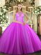 Fuchsia Lace Up High-neck Beading Quince Ball Gowns Tulle Sleeveless