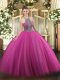 Artistic Tulle Halter Top Sleeveless Lace Up Beading Sweet 16 Dress in Hot Pink