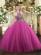 Artistic Tulle Halter Top Sleeveless Lace Up Beading Sweet 16 Dress in Hot Pink