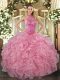 Baby Pink Ball Gowns Halter Top Sleeveless Organza Floor Length Lace Up Embroidery and Ruffles Sweet 16 Quinceanera Dress