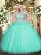 Sleeveless Tulle Floor Length Lace Up Quinceanera Dresses in Apple Green with Beading