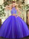 Custom Designed Purple Halter Top Neckline Beading Sweet 16 Dresses Sleeveless Criss Cross